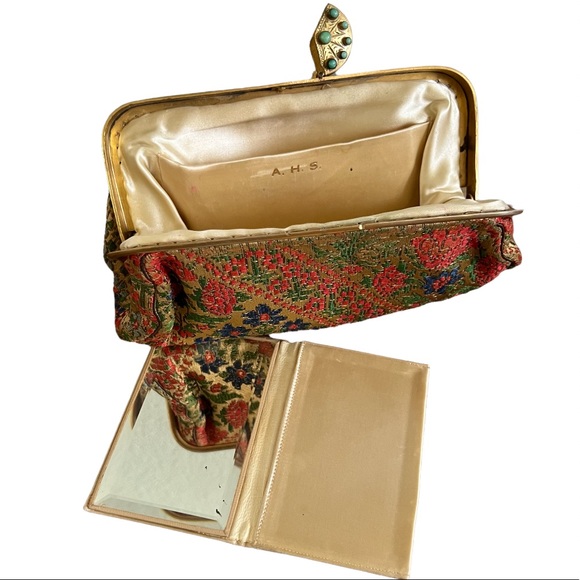 Vintage Floral Tapestry Clutch Bag Gemstone Closure with Original Compact Mirror - Picture 14 of 15